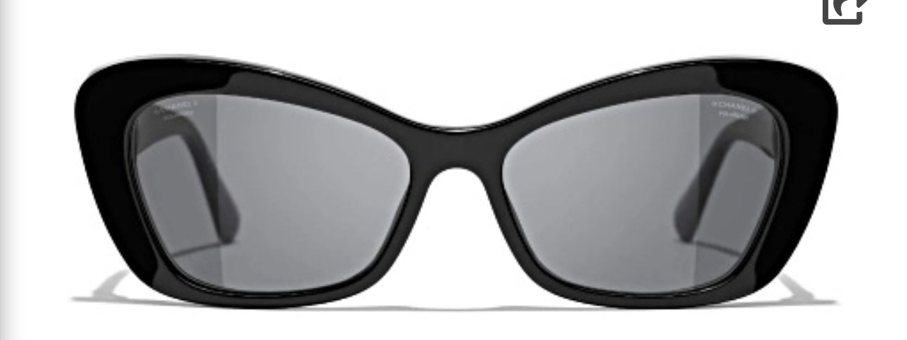 Chanel Black Cat Eye Frame "CC" Logo & Black Pearl Accent/ Gray Lens Sunglasses