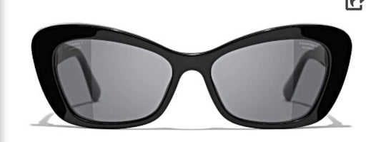 Chanel Black Cat Eye Frame "CC" Logo & Black Pearl Accent/ Gray Lens Sunglasses