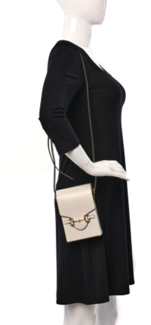 GUCCI
Boarded Plutone Calfskin Mini Horsebit 1955 Crossbody Bag White