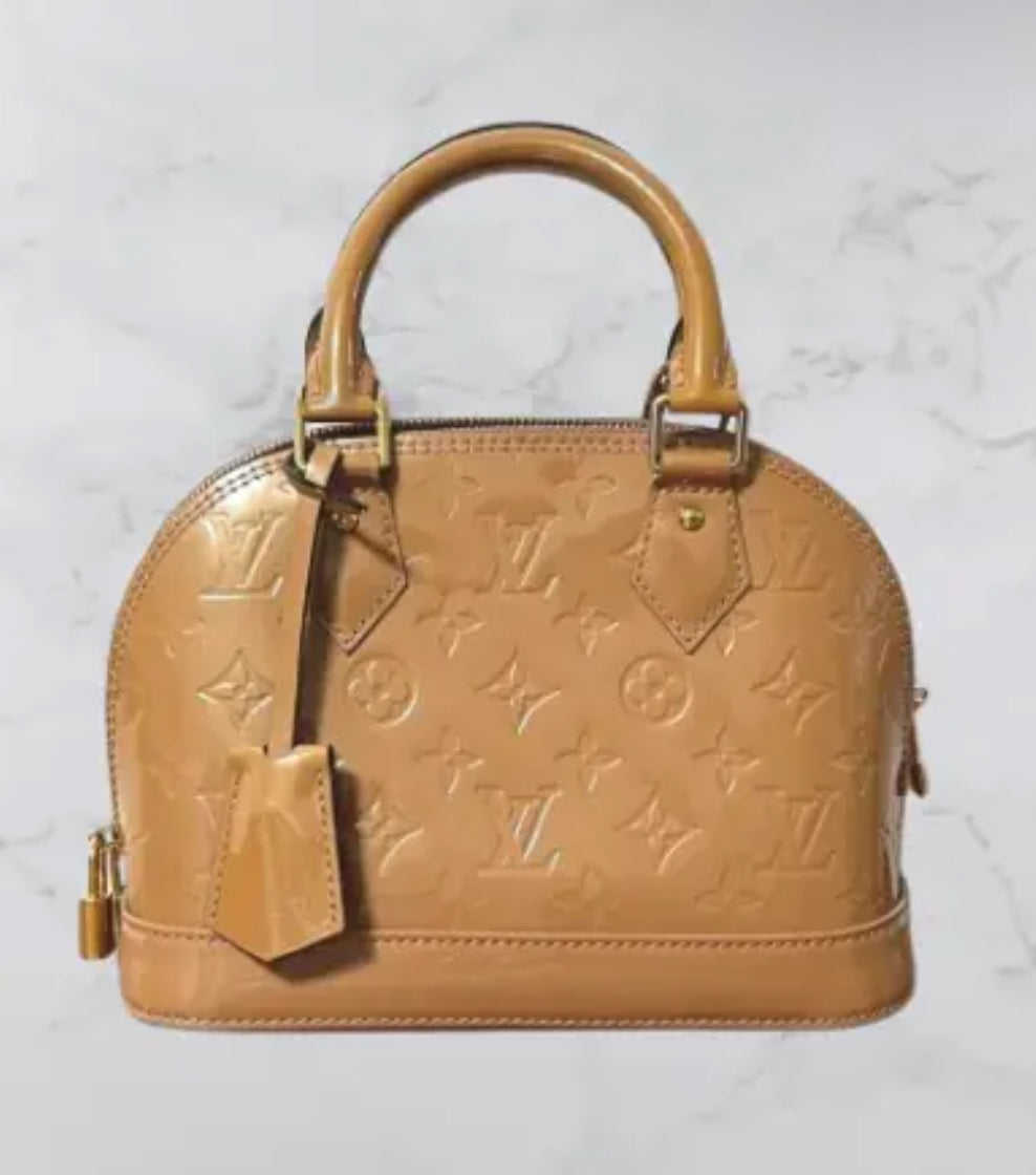 LOUIS VUITTON HANDBAG VERNIS ALMA BB M91585 ROSE VEREUR & Gold ysl brooch