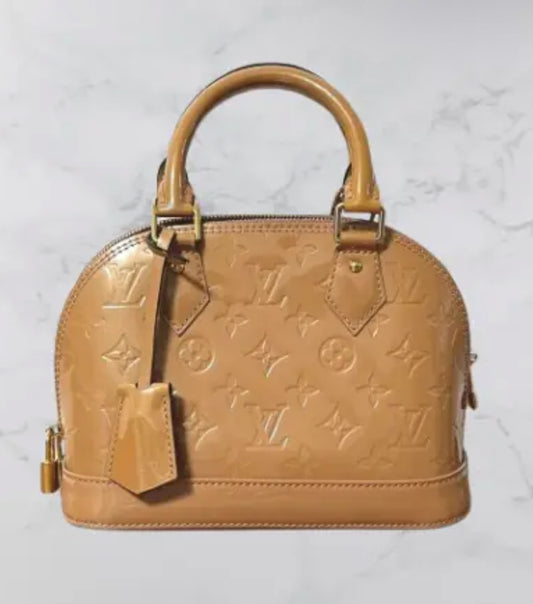 LOUIS VUITTON HANDBAG VERNIS ALMA BB M91585 ROSE VEREUR & Gold ysl brooch